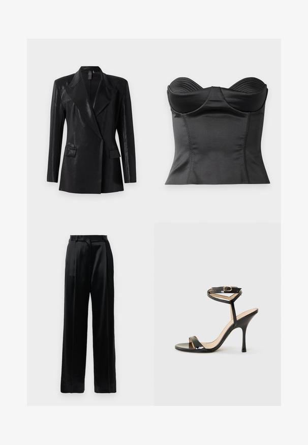 Blazer negro con acabado brillante, que presenta un cuello de muesca, dos bolsillos frontales y una silueta ajustada. Las mangas largas completan el diseño.; Top negro estructurado con escote corazón. Presenta una tela suave y elástica y un ribeteado vertical en el busto para soporte.; Pantalones de satén negros de tiro alto con piernas anchas rectas, presillas para cinturón y cierre frontal plano sobre un fondo blanco liso.; Sandalia de tacón alto de charol negro con tira delgada en el tobillo y hebilla, punta abierta y tacón aguja esbelto sobre fondo blanco.