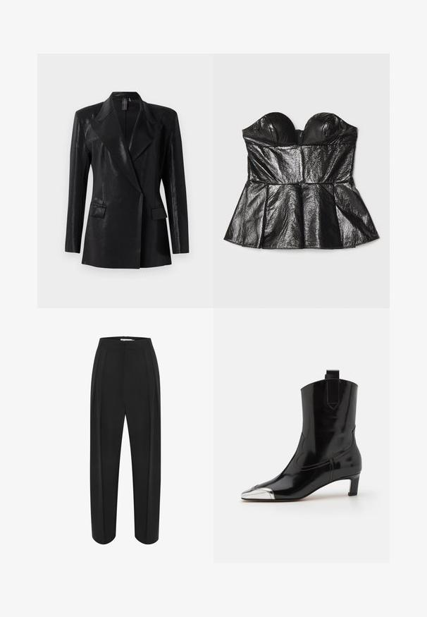 Schwarzer Blazer mit glänzender Oberfläche, ausgestattet mit einem Reverskragen, zwei Fronttaschen und einer figurbetonten Silhouette. Lange Ärmel vervollständigen das Design.; Sara Battaglia SWEETHEART - Top - black; Schwarze weit geschnittene Hose mit hoher Taille, aus einem glatten Material und mit zwei vorderen Falten. Entworfen in einem klaren, maßgeschneiderten Schnitt.; ALOHAS SHIMMER BICOLOR BOOTS - Stiefelette - black/silver