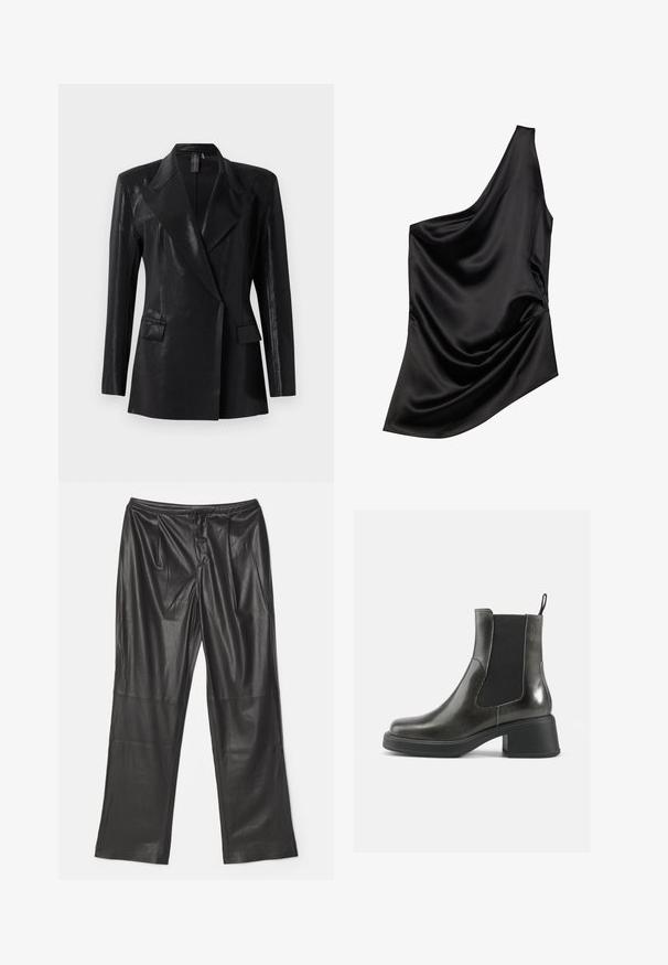 Sort blazer med en blank finish, der har en notch lapel, to frontlommer og en tætsiddende silhuet. Lange ærmer fuldender designet.; Sort satin-top med en asymmetrisk halsudskæring, draperet stofdetalje og blød tekstur. Har én skulder og en flydende silhuet.; Proenza Schouler White Label STRAIGHT LEG PANTS - Bukser - black; Sorte læder ankelstøvler med en glat finish, elastiske sidepaneler og en kraftig hæl. Har en strop for nemmere påtagning.