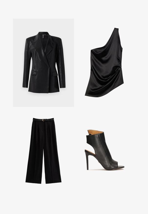 Sort blazer med en blank finish, der har en notch lapel, to frontlommer og en tætsiddende silhuet. Lange ærmer fuldender designet.; Sort satin-top med en asymmetrisk halsudskæring, draperet stofdetalje og blød tekstur. Har én skulder og en flydende silhuet.; Bredde ben sorte bukser lavet af blødt stof, med skarpe folder og et tekstureret sort bælte med en gylden spænde.; Sorte læder højhælede sandaler med åben tå og udskæring design. Har en stiletto hæl og en formet ankel sektion.