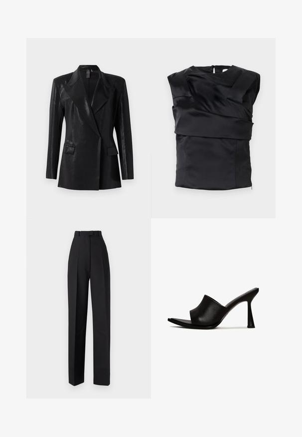 Zwarte blazer met een glanzende afwerking, voorzien van een geknipt revers, twee voorzakken en een getailleerd silhouet. Lange mouwen ronden het ontwerp af.; Zwarte satijnen top met een gestructureerd ontwerp, brede schouders en een asymmetrisch voorpaneel, afgesloten met een rits aan de achterkant.; Zwarte high-waisted broeken met plooien, met een getailleerd ontwerp en rechte pijpen. Gemaakt van een soepele stof, minimale details.; Zwarte hoge hak slides met een glad leren buitenkant, open teen en een gebogen ontwerp. Kenmerkt zich door een slanke stilettohak en minimalistische stijl.