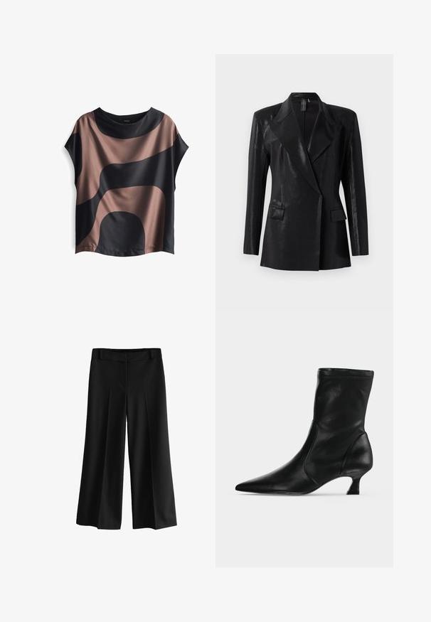 Zwarte blazer met een glanzende afwerking, voorzien van een geknipt revers, twee voorzakken en een getailleerd silhouet. Lange mouwen ronden het ontwerp af.; Korte mouw top gemaakt van soepele stof, met abstracte zwarte en bruine patronen, een relaxed fit en een ronde halslijn.; Zwarte wijde broek met een gladde stof, met een hoge taille, plooien en een getailleerd ontwerp. Geen zichtbare hardware of patronen.; Zwarte leren midkuitlaars met spitse neus en lage kittenhak, zijaanzicht op een effen lichte achtergrond.
