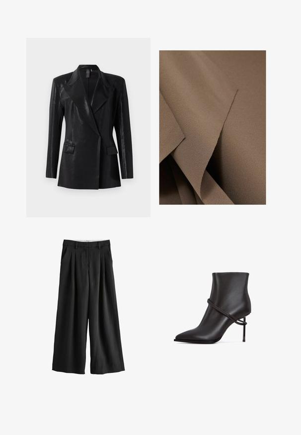 Zwarte blazer met een glanzende afwerking, voorzien van een geknipt revers, twee voorzakken en een getailleerd silhouet. Lange mouwen ronden het ontwerp af.; Reiss REGULAR FIT - ONE SHOULDER DRAPED - Top - mink; Zwarte wijde broek met riemlussen, voorplooien en zijzakken, afgebeeld op een witte achtergrond.; Strakke zwarte enkelboot met een spitse neus, accent van gewikkeld design en een hoge stilettohak op een witte achtergrond.