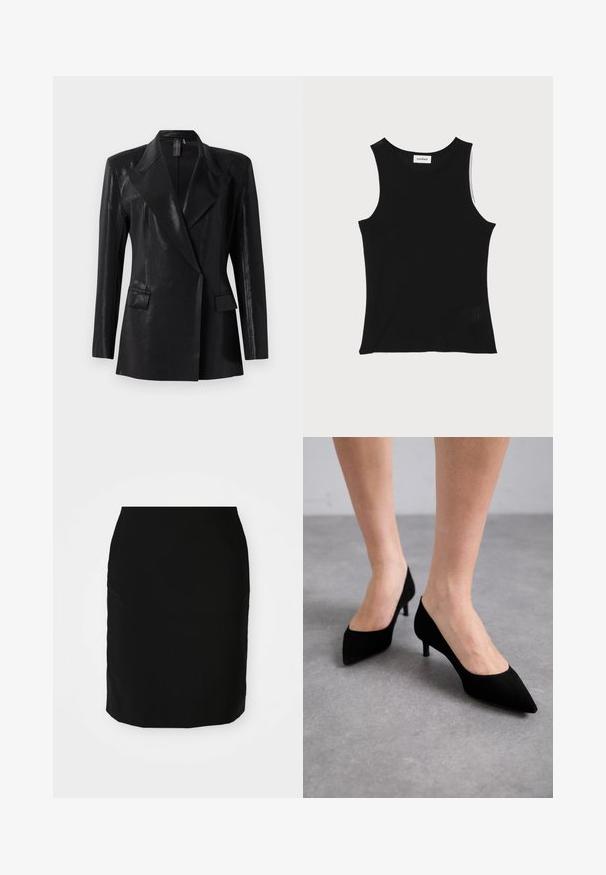 Zwarte blazer met een glanzende afwerking, voorzien van een geknipt revers, twee voorzakken en een getailleerd silhouet. Lange mouwen ronden het ontwerp af.; Zwarte geribbelde tanktop met een ronde halslijn en brede schouderbanden, met een subtiele textuurafwerking en een klein gaasdetail aan de zoom.; Zwarte pencil rok met een gladde textuur, rechte vorm en een lengte tot de knie. Geen zichtbare patronen of hardwaredetails.; Zwarte suède pump met spitse neus en een slanke, klassieke middelhoge hak en brede opening, afgebeeld op blote voeten tegen een grijze achtergrond.