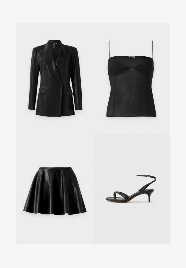 Sort blazer med en blank finish, der har en notch lapel, to frontlommer og en tætsiddende silhuet. Lange ærmer fuldender designet.; Sort ærmeløs tætsiddende top med tynde skulderstropper, hjerteformet udskæring og sømdetaljer på en ensartet hvid baggrund.; Sort læder nederdel i flare-stil med en glat tekstur, bred kant og en tætsiddende talje. Overfladen har en subtil glans og ingen synlige dekorationer.; Sort damesandal i læder med tynde remme, en tå-loop, ankelspænde og en mellemhøj stiletthæl på en neutral baggrund.