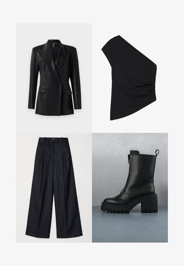Sort blazer med en blank finish, der har en notch lapel, to frontlommer og en tætsiddende silhuet. Lange ærmer fuldender designet.; Sort top med én skulder lavet af strækbart stof, med en detaljeret ruched side og en asymmetrisk kant. Glat tekstur med let fald.; Sorte breddebenede bukser lavet af glat stof, med høj talje, læg og skræddersyet design. Enkel sort hardware i talje.; Sorte læder ankelstøvler med kraftig sål, blokhæl, lynlås i siden og trækflap bagpå på en ensfarvet hvid baggrund.