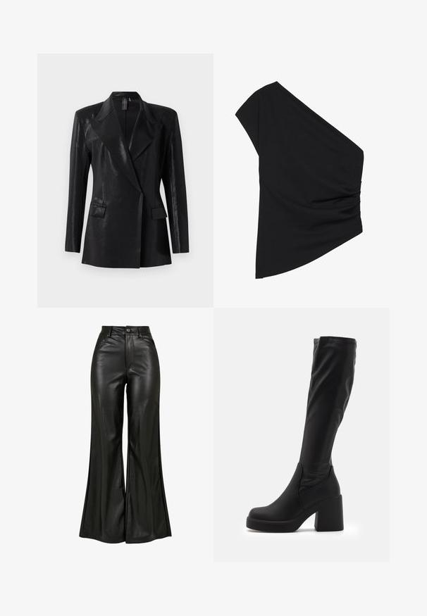 Schwarzer Blazer mit glänzender Oberfläche, ausgestattet mit einem Reverskragen, zwei Fronttaschen und einer figurbetonten Silhouette. Lange Ärmel vervollständigen das Design.; Schwarzes Top mit einem Schulterträger aus dehnbarem Stoff, das seitliche Raffung und einen asymmetrischen Saum aufweist. Glatte Textur mit leichtem Fall.; Schwarze Lederhose mit ausgestelltem Schnitt und glatter Textur. Sie verfügt über eine hohe Taille, Knopfverschluss und Vordertaschen. Breites Bein-Design und polierte Oberfläche.; Schwarze knielange Stiefel aus glattem Synthetikmaterial mit einem dicken Blockabsatz und einem schlanken Design mit elastischem oberen Rand.