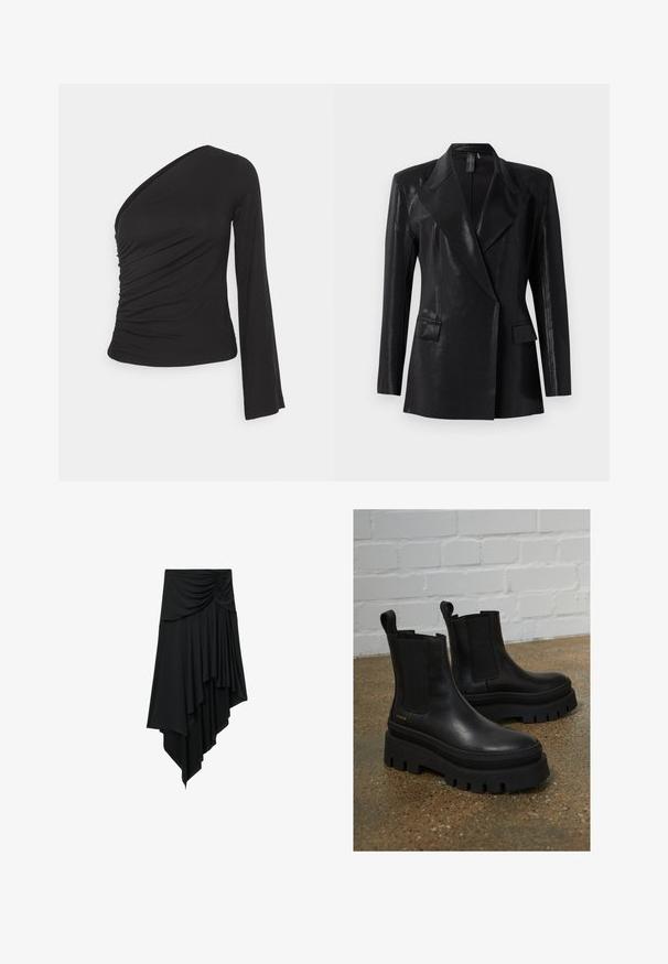 Sort blazer med en blank finish, der har en notch lapel, to frontlommer og en tætsiddende silhuet. Lange ærmer fuldender designet.; Asymmetrisk langærmet top i sort, med en sammensamlet side for tekstur og en tætsiddende silhuet. Lavet af blødt, strækbart materiale.; Sort asymmetrisk nederdel med rynket detalje ved taljen og lagdelt draperet stof, der skaber en faldende kant.; Sort læder ankelstøvler med elastiske sidepaneler, tykke sorte platformssåler og syninger, der har en løftesanordning for nem påtagning.