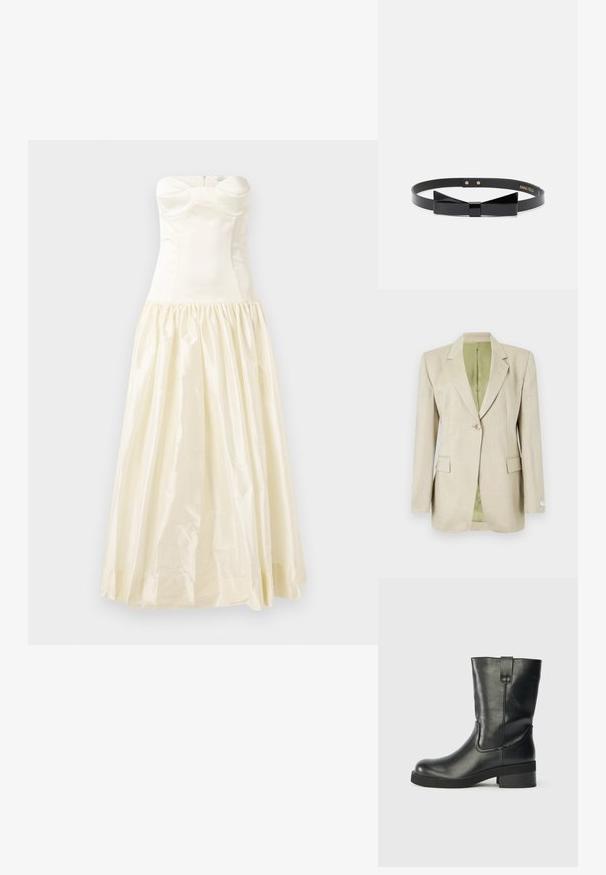 Beiger Ein-Knopf-Blazer mit Kerbkragen, Pattentaschen und hellgrünem Innenfutter, vor weißem Hintergrund präsentiert.; Trägerloses, cremefarbenes Kleid mit tailliertem Oberteil und gerafftem, fließendem Rock. Glattes Satinmaterial mit dezentem Struktur und Glanz.; Schwarzer Lederstiefel bis zur Mitte der Wade mit einem niedrigen Blockabsatz, runder Zehenform und einem Zugriemen an der Seite vor einem schlichten Hintergrund.; Schwarzer Kunstledergürtel mit einer glänzenden Schleifendetail vorne, ausgestattet mit einer glatten Textur und dezenten roségoldenen Akzenten.
