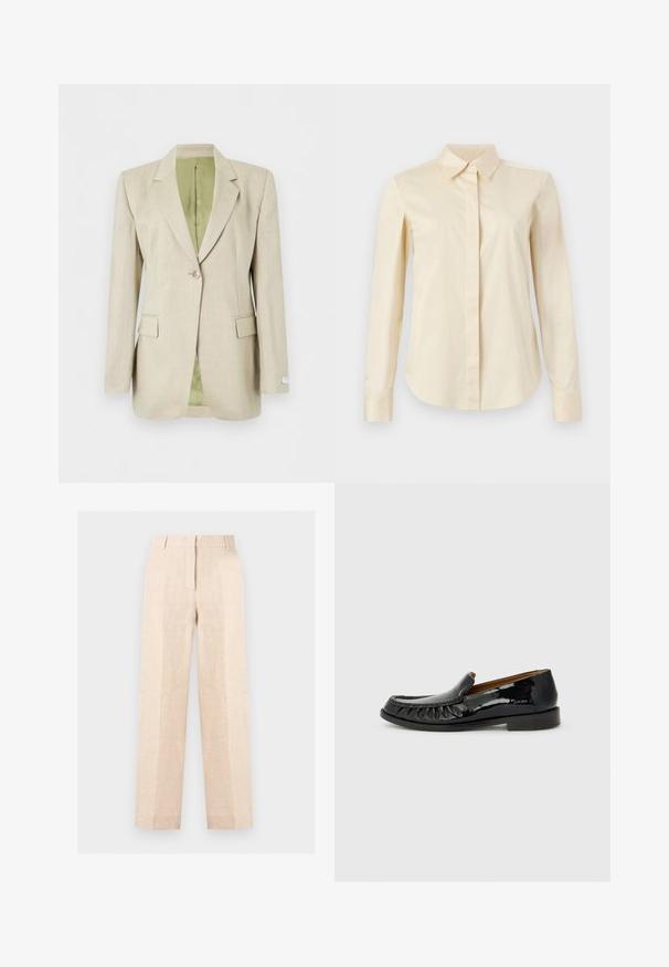 Beige én-knaps blazer med hakkraver, lommesømme og lys grøn indvendig foer, vist mod en hvid baggrund.; Kremfarvet langærmet skjorte med knapper, spids krave og skjult knapstolpe, vist på en ensfarvet baggrund.; Beige bukser med høj talje og lige ben med forreste pres, skjult lynlås og bæltestropper, vist på en ensartet lys baggrund.; Sorte patentlæder loafers med frangesmykning på fronten og rund tå. Sålen er flad og tekstureret for godt greb.