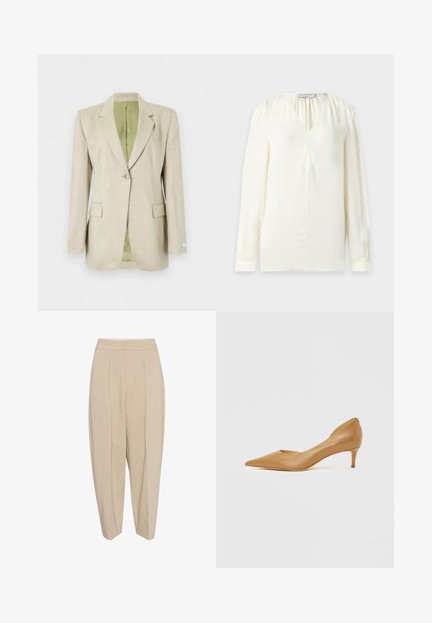 Blazer beige de un solo botón, con solapas con muesca, bolsillos con tapeta y forro interior verde claro, exhibido sobre fondo blanco.; Blusa de manga larga de color crema con cuello en V y pliegues sutiles cerca del escote, mostrada sobre un fondo liso.; Pantalones beige entallados con cintura alta, frente plisado y pierna ajustada. La tela parece suave con un sutil brillo. Sin bolsillos visibles.; Zapato de salón de cuero color canela con punta puntiaguda y tacón pequeño, con un diseño recortado en el lateral para mayor detalle y textura suave.