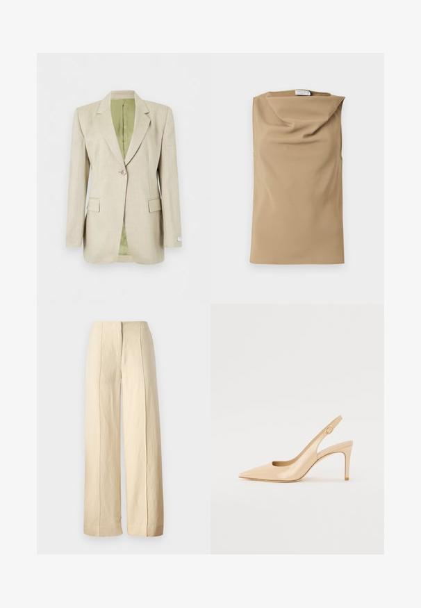 Beige blazer met één knoop, met inkeping rever, klepzakken en lichtgroene binnenvoering, afgebeeld tegen een witte achtergrond.; Beige mouwloze top met een losse, gedrapeerde halslijn en een klein zichtbaar label bij de kraag tegen een witte achtergrond.; Lange broek in een lichtbeige stof, met een gladde textuur en voorplooien, voorzien van een tailleriem zonder zichtbare hardware.; Nude gepatineerd leren slingbackhak met een spitse neus, open vamp en een dunne stilettohak. Bevat een ronde gouden accent op de band.