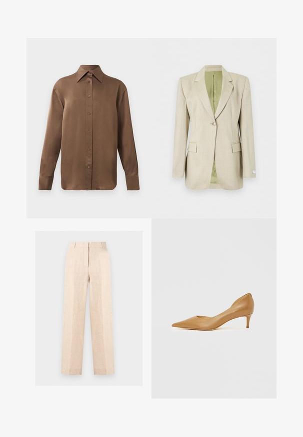 Blazer beige de un solo botón, con solapas con muesca, bolsillos con tapeta y forro interior verde claro, exhibido sobre fondo blanco.; Camisa de botones de manga larga marrón con cuello y puños puntiagudos, exhibida sobre un fondo blanco liso.; Pantalones beige de cintura alta y corte recto con pliegue delantero, cremallera oculta y trabillas para cinturón, mostrados sobre un fondo claro y liso.; Zapato de salón de cuero color canela con punta puntiaguda y tacón pequeño, con un diseño recortado en el lateral para mayor detalle y textura suave.