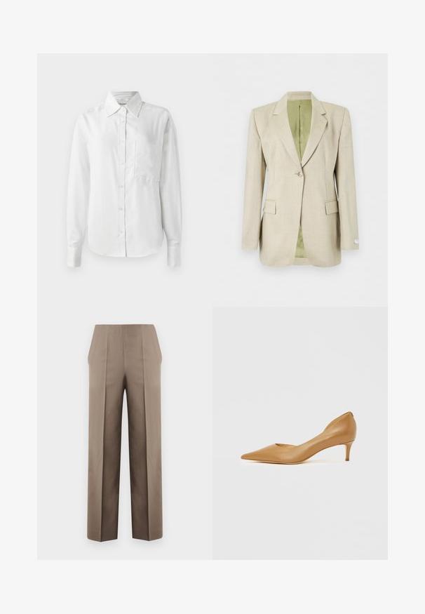 Beige blazer met één knoop, met inkeping rever, klepzakken en lichtgroene binnenvoering, afgebeeld tegen een witte achtergrond.; Witte langemouwen overhemd met knopen, gemaakt van gladde stof, heeft een puntige kraag, borstzak en knoopmanchetten voor een nette uitstraling.; Beige hooggetailleerde broek met een getailleerde pasvorm, voorzien van twee voorkruipplooien, een rechte pijp en schone, onversierde lijnen.; Tan bruine leren pump met spitse neus en een kleine hak, voorzien van een uitgesneden ontwerp aan de zijkant voor extra detail en een gladde textuur.