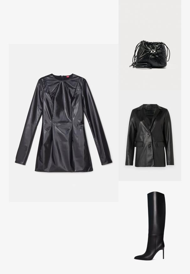 Sort læderblazer med en skræddersyet pasform, klapkrave, enkelt knaplukning, to frontlommer og en glat, blank overflade.; 032c TRAPEZE TOO TIGHT MINI DRESS - Cocktailkjole / festkjole - black luster; Knæhøj sort læder stiletto støvle med spids tå. Glat tekstur, struktureret design og en slank høj hæl. Ingen synlig hardware eller mønstre.; Sort lædertaske med snor og rynket design, sølvdetaljer og justerbare stropper. Tekstureret overflade giver dybde.