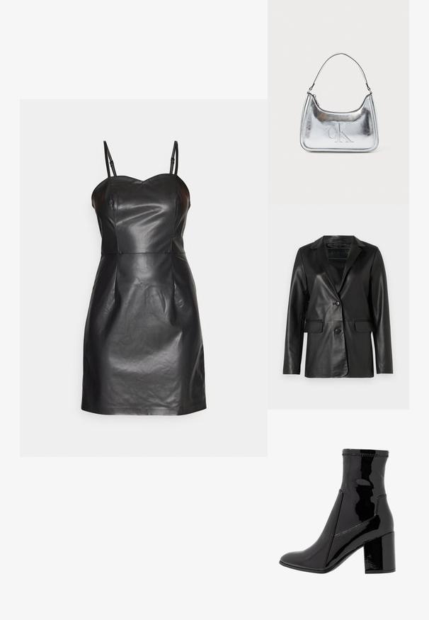 Čierny kožený sak s prispôsobeným strihom, klopami, jedným gombíkom na zapínanie, dvoma prednými vreckami a hladkou, lesklou textúrou.; ONLY ONLDINA FAUX LEATHER DRESS - Koktailové šaty/večierkové šaty - black; Čierne lakované členkové čižmy s hladkým povrchom, špicatou špičkou a pevným blokovým opätkom. Disponujú dizajnom bez zipsu a kontrastným prešívaním.; Strieborná kovová kabelka s krivkovým tvarom, so zipsom a ramenným popruhom. Na prednej strane obsahuje embosované logo "CK".