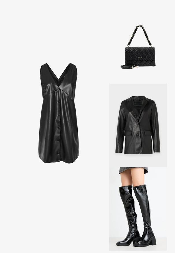 Blazer de cuero negro con un corte ajustado, solapas con muesca, cierre de un botón, dos bolsillos frontales y una textura suave y brillante.; Vestido negro sin mangas de cuero sintético con escote en V, botonadura en la parte frontal y dobladillo ligeramente acampanado.; Botas negras, brillantes, hasta la rodilla, con punta cuadrada y tacón grueso. Cuentan con un cierre lateral y un diseño ajustado y texturizado.; Bolso Guess de cuero negro acolchado con asa de hombro trenzada de eslabones y correa negra de cuero para llevar cruzada desmontable.