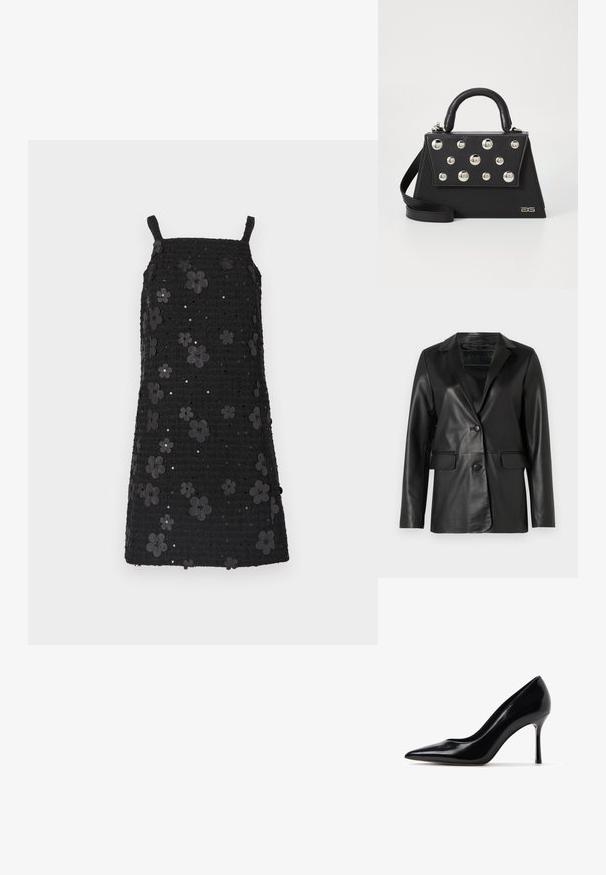 Sort læderblazer med en skræddersyet pasform, klapkrave, enkelt knaplukning, to frontlommer og en glat, blank overflade.; Sort ærmeløs kjole med firkantet udskæring, tekstureret stof, prydet med sorte blomsterapplikationer og palietter over hele designet.; Sort stiletto-pump i laklæder med spids tå og slank høj hæl, vist i profil på hvid baggrund.; Sort håndtaske med en struktureret form, der har et håndtag på toppen, skulderrem og dekorative metalnitter på forsiden.