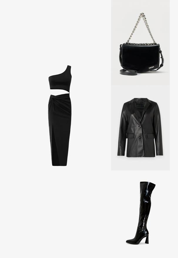 Sort læderblazer med en skræddersyet pasform, klapkrave, enkelt knaplukning, to frontlommer og en glat, blank overflade.; Sort todelt tøj sæt bestående af en en-skulder crop top og en højtaljet nederdel med tvistet detalje og sideslids. Glat stof.; Sorte laklæderstøvler, der går til låret, med spids snude, firkantet blokhæl og glat, blank tekstur. Ingen synligt hardware.; Sort crossbody-taske i laklæder med sølvkæderem og aftagelig skulderrem, med et enkelt design og DKNY-logo.