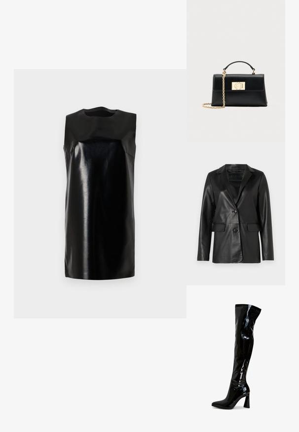 Sort læderblazer med en skræddersyet pasform, klapkrave, enkelt knaplukning, to frontlommer og en glat, blank overflade.; Sort ærmeløs kjole lavet af blankt materiale, med rund halsudskæring, rene linjer og en lige silhuet. Glat tekstur, ingen synlige hardware.; Sorte laklæderstøvler, der går til låret, med spids snude, firkantet blokhæl og glat, blank tekstur. Ingen synligt hardware.; Sort læderhåndtaske med struktureret form, udstyret med en øverste hank og en guldtonet kæderem. Dekorative guldhardware med logodetalje.