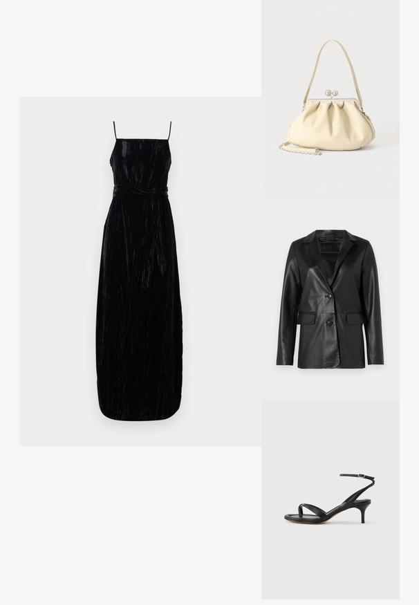 Sort læderblazer med en skræddersyet pasform, klapkrave, enkelt knaplukning, to frontlommer og en glat, blank overflade.; Sort velour maxi kjole med spaghetti stropper, en tætsiddende bodice og et matchende bindebælte i taljen. Teksturér stof med en let glans.; Sort damesandal i læder med tynde remme, en tå-loop, ankelspænde og en mellemhøj stiletthæl på en neutral baggrund.; Cremefarvet blødt læder håndtaske med indsamlet design, sølvramme-lukkemekanisme, kort hank og aftagelig kæderem.