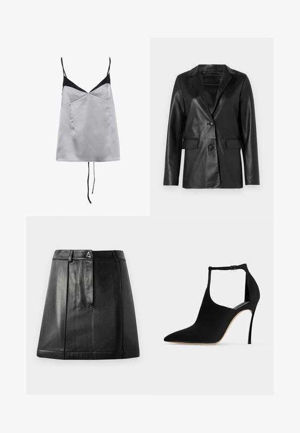 Zwarte leren blazer met een getailleerde pasvorm, geknipte revers, één knoop sluiting, twee voorkleppen en een gladde, glanzende textuur.; Satijnen topje in lichtgrijs met zwarte accenten en dunne bandjes. Heeft een V-halslijn, een soepele textuur en een ontspannen pasvorm.; Zwarte leren rok met een gestructureerde vorm, voorzien van een voorkantzak en een metalen accent op de taille. Gladde textuur en gestikte details.; Zwarte pumps met puntige neus, hoge dunne naaldhak en enkelbandje met gesp op een lichte achtergrond.