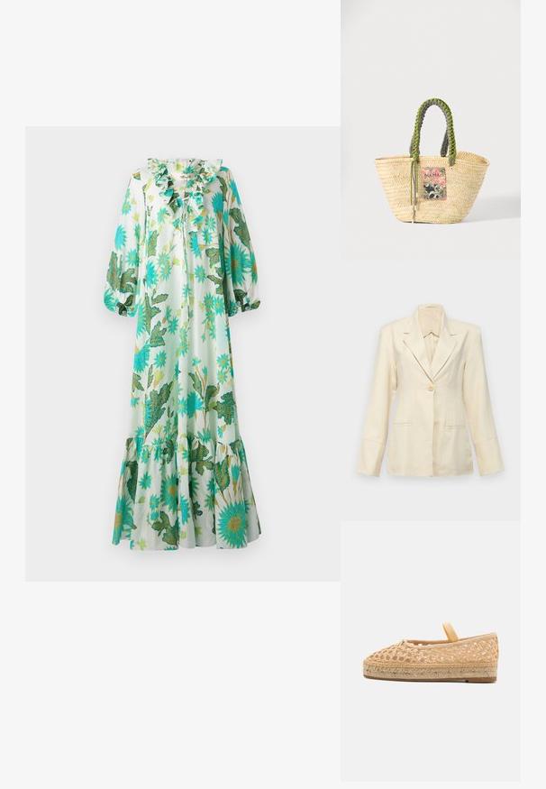 Faithfull the brand SOLEIL - Blazer - sand; Lang, lys kjole med en volangkrave, der har et blomster- og bladprint i grøn og blå på en lys baggrund. Udsvingede ærmer og kant.; Loeffler Randall KAYLA - Espadrilles - natural; Vævet beige stråtaske med flettede grønne og sorte håndtag og en farverig rektangulær lap foran.