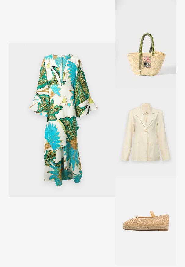 Faithfull the brand SOLEIL - Blazer - sand; Langes, fließendes Kleid mit tiefem V-Ausschnitt, Glockenärmeln und lebendigen tropischen Blattmustern in Blaugrün, Gold und Grün auf einem hellen Hintergrund.; Loeffler Randall KAYLA - Espadrille - natural; Geflochtene beige Strohtasche mit geflochtenen grünen und schwarzen Griffen und einem bunten rechteckigen Aufnäher auf der Vorderseite.