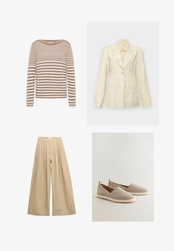 Faithfull the brand SOLEIL - Blazer - sand; Suéter a rayas en beige y crema, con manga larga, un escote ancho y un diseño de punto texturizado.; Pantalones de lino beige de cintura alta y pierna ancha, con pliegues en la cintura y cierre frontal oculto.; Zapatos de ante beige de tipo slip-on con suela de yute trenzado, que presentan un diseño de corte bajo y un pequeño tacón en la parte posterior.