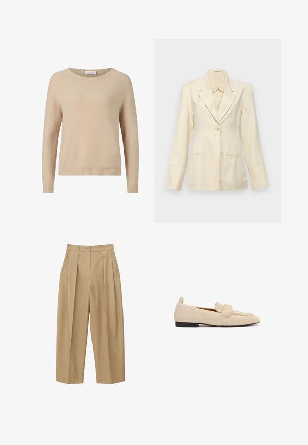 Faithfull the brand SOLEIL - Blazer - sand; Suéter de punto beige con escote redondo, mangas largas y dobladillo acanalado. Textura suave y corte informal. Etiqueta visible en el escote.; Pantalones de talle alto de pierna ancha en color beige, con pinzas delanteras, bolsillos laterales y cintura ajustada con trabillas para cinturón.; Mocasín plano beige con superficie texturizada similar a piel de animal, suela negra y una amplia correa sobre la parte superior del zapato.