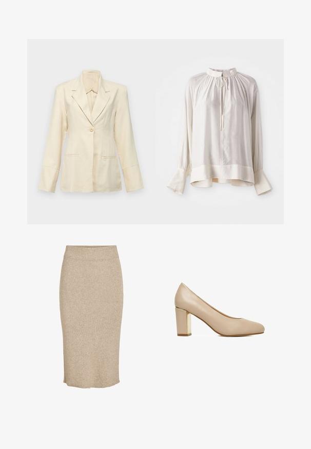 Faithfull the brand SOLEIL - Blazer - sand; Blusa de seda blanca con un cuello alto, escote fruncido y mangas largas con puños acampanados y un sutil brillo.; Falda de punto en color beige claro con textura de canalé vertical, de longitud a la rodilla, con cintura elástica y corte recto.; Zapato de mujer de piel beige con puntera redondeada y tacón ancho con un detalle metálico dorado.