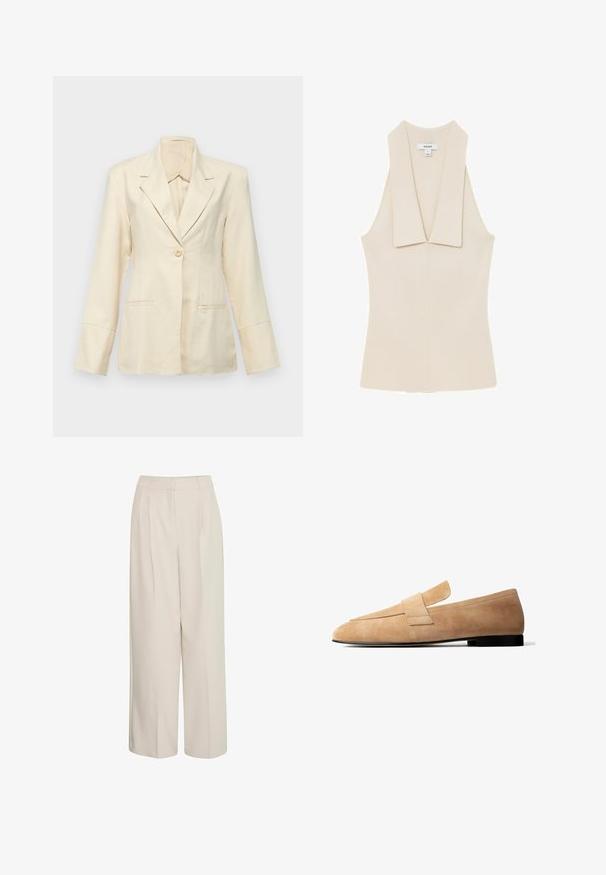 Faithfull the brand SOLEIL - Bleiser - sand; Varrukateta beež värvi kootud top lai šalikaelusega ja liibuv vöökohaga, kaelusel kaubamärgi sildiga "REISS".; Kõrge vöökohaga kreemivärvi avaragamasid pükse, millel on voldid, valmistatud siledast kangast, puhta disaini ja täpselt sobiva lõikega.; Helepruun seemisnahast loafers madala musta kontsa ja ülevalt laia rihmakujundusega, mis on valgel taustal külgprofiilis nähtav.