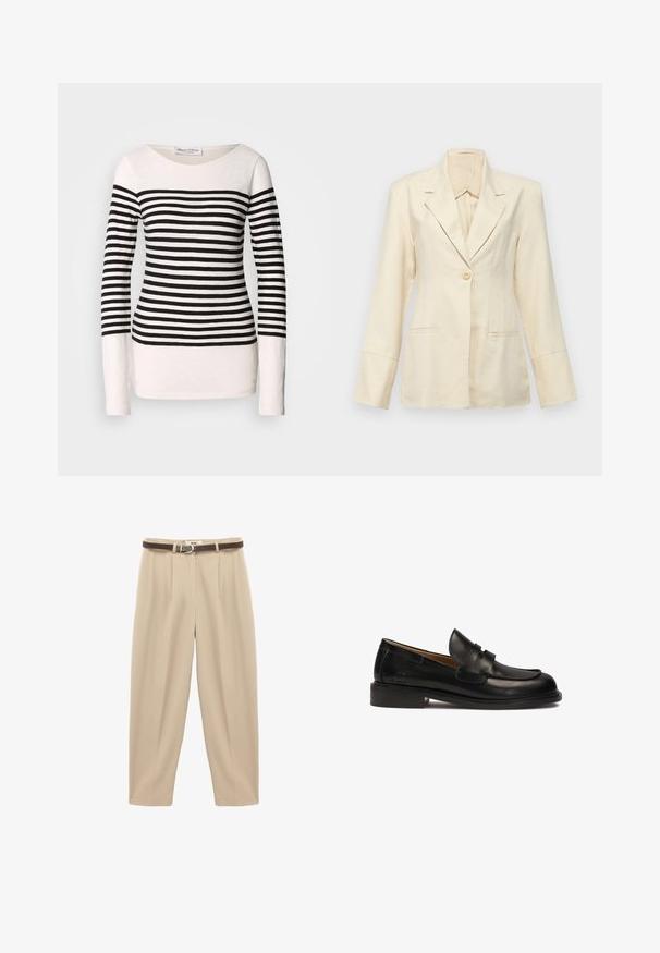 Faithfull the brand SOLEIL - Blazer - sand; Camiseta de manga larga a rayas con rayas horizontales en blanco y negro, diseño de cuello barco y silueta ajustada. Material de mezcla de algodón.; Pantalones de color beige, de tiro alto, hechos de una tela suave, con un cinturón marrón con hebilla metálica y pliegues frontales para mayor estructura.; Mocasín de cuero negro con punta redonda, cinta decorativa en la parte superior y tacón bajo apilado. Textura suave y detalles de costura mínimos.
