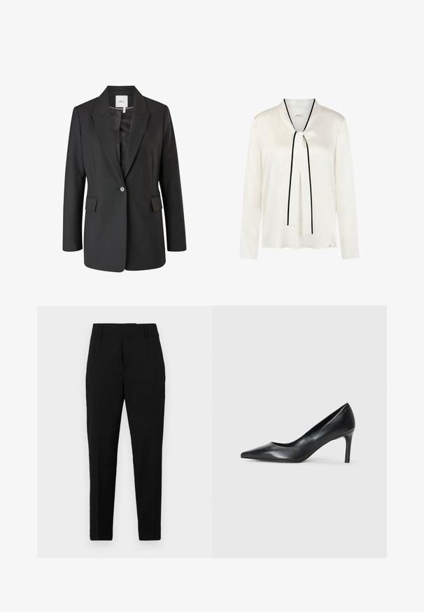 Schwarzer Blazer aus glattem Stoff, mit Reverskragen, einreißiger Knopfschluss, zwei Fronttaschen und taillierter Passform.; Weiße Langarmbluse mit gebundenem Halsband mit schwarzen Rändern, dargestellt auf weißem Hintergrund.; Schwarze Hosen mit maßgeschneidertem Schnitt, die seitliche Taschen, eine glatte Textur und ein elegantes Design aufweisen, das sich zum Knöchel hin verjüngt.; Schwarze Leder-Pumps mit spitzem Zehenbereich und schmalem Absatz, glatter Textur und ohne sichtbare Verzierungen. Sauberes Design mit minimalistischem Ästhetik.
