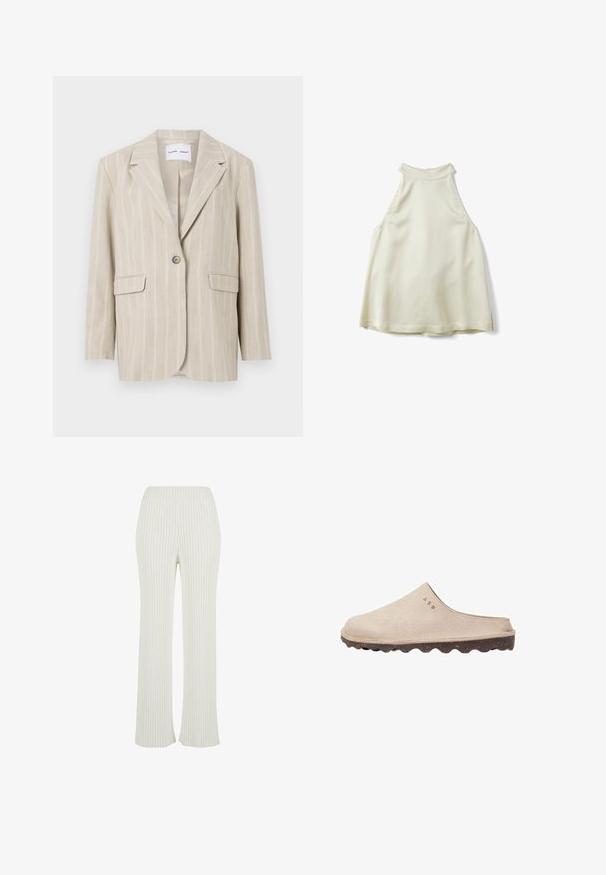 Blazer a rayas beige con cierre de un solo botón, solapas muestradas y dos bolsillos frontales. Fabricado con una tela ligera de textura suave.; Top sin mangas color crema con cuello halter alto y ligera amplificación, exhibido plano sobre un fondo blanco.; Pantalones de punto acanalado de color crema con un diseño acampanado. Cuenta con una amplia cinturilla elástica y rayas verticales para mayor textura.; Mula de ante beige sin cierre con suela acanalada marrón oscuro y las iniciales "ASP" grabadas cerca de la apertura en el lado exterior.