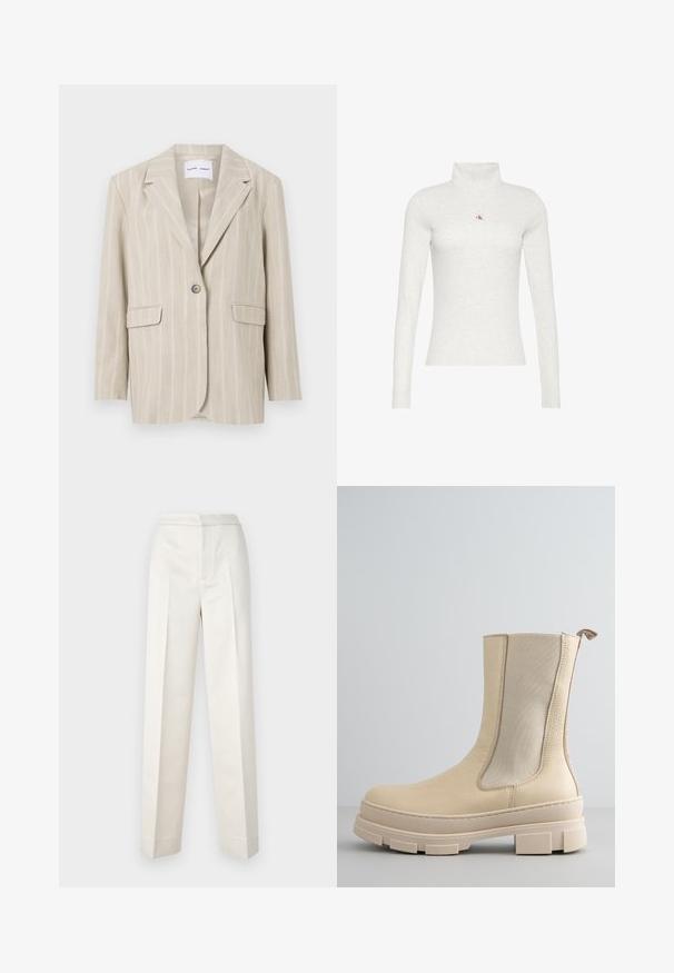 Beige gestreifter Blazer mit einem Knopfverschluss, Reverskragen und zwei vorderen Taschen. Hergestellt aus leichtem Stoff mit glatter Textur.; Hellgraues Langarm-Rollkragenhemd mit kleinem rot-schwarzem "ck"-Logo mittig auf der Brust.; Cremfarbene Hosen mit figurbetonter Passform, gerader Beine, glattem Stoff, vorderen Falten und sauberem Saum. Minimalistisches Design.; Beiger Lederstiefel bis zur Mitte der Wade mit grober, strukturierter Sohle und elastischem Seiteneinsatz.