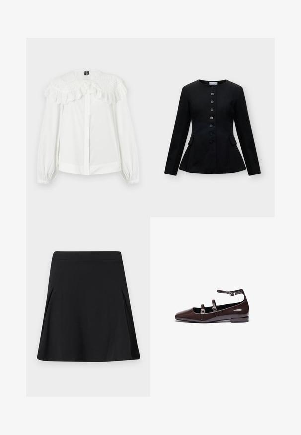 Veste noire coupée sur mesure avec manches longues, encolure ronde, boutons sur le devant et deux poches à rabat à la taille sur un fond uni.; Blouse blanche à manches longues avec un grand col en dentelle brodée à motifs ajourés et des bords froncés, équipée de boutons dissimulés sur le devant et de manches avec poignets.; Jupe noire trapèze avec de légers plis sur les côtés, ceinture plate et texture de tissu lisse.; Ballerines en cuir verni marron avec un bout pointu, présentant deux sangles réglables et des boucles en argent, ainsi qu'un petit talon carré.