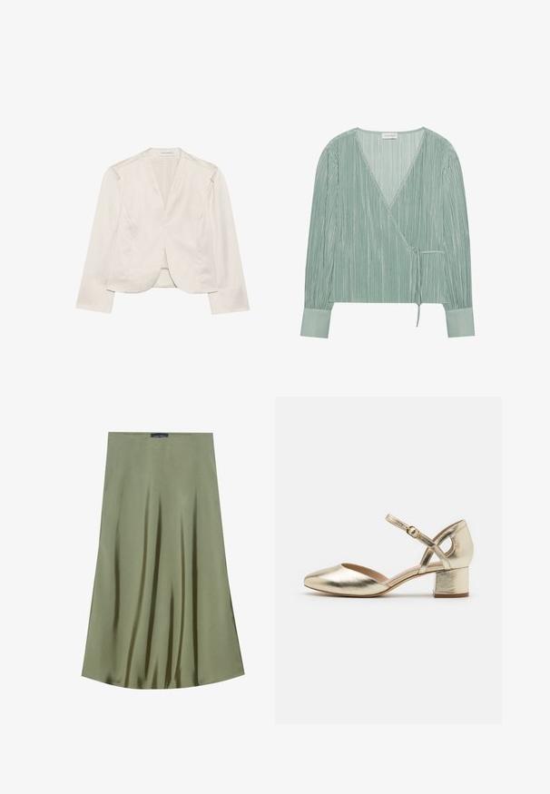 Witte op maat gemaakte blazer met een V-hals, lange mouwen en gestructureerde schouders. Glad materiaal met een subtiele glans, ronde zoomdetail.; Lichtgroene wikkelblouse van geplooid stof met een V-hals, lange mouwen en een strikdetail in de taille. Bevat een soepele manchette.; Olijfgroene midi rok van gladde stof, met een vloeiende uitstraling en subtiele glans, voorzien van een rechte taille.; Gouden metallic hakken met een ronde neus, enkelband en blokk Hak. Gladde textuur met een glanzende afwerking en een kruisbandontwerp.