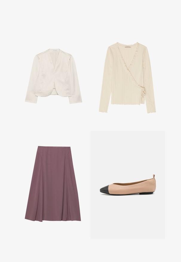 Witte op maat gemaakte blazer met een V-hals, lange mouwen en gestructureerde schouders. Glad materiaal met een subtiele glans, ronde zoomdetail.; Crème lange mouw top met een wikkeldesign, geribbelde textuur, ruches bij de halslijn en zijsstrikdetail, met een cropped zoom.; Een knie-lange rok in een gedempte mauve kleur, gemaakt van lichte stof met een geplooid design en een gladde textuur. Geen zichtbare sluitingen.; Leren balletschoenen met een naakt lichaam en een zwart cap toe. Beschikt over een minimalistisch ontwerp, een gladde textuur en een klein lusje aan de achterkant voor eenvoudig aan- en uittrekken.