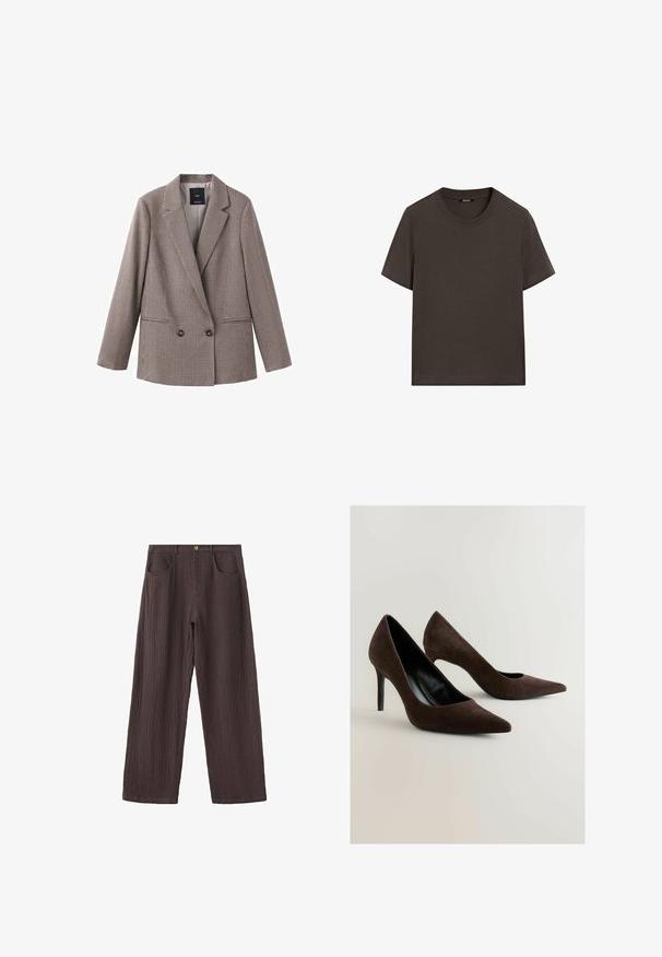 Veste croisée à motif pied-de-poule marron et crème. Comprend des revers à encoche et deux poches avant. Doublure intérieure lisse.; T-shirt à manches courtes marron foncé en coton. Il possède un col rond et une coupe décontractée, sans motifs ni accents visibles.; Pantalon large en tissu marron texturé avec fermeture devant par boutons et deux poches avant, présenté sur fond blanc.; Escarpins en suède marron avec un bout pointu et une silhouette élégante. Les chaussures présentent un intérieur noir brillant et un talon aiguille fin.