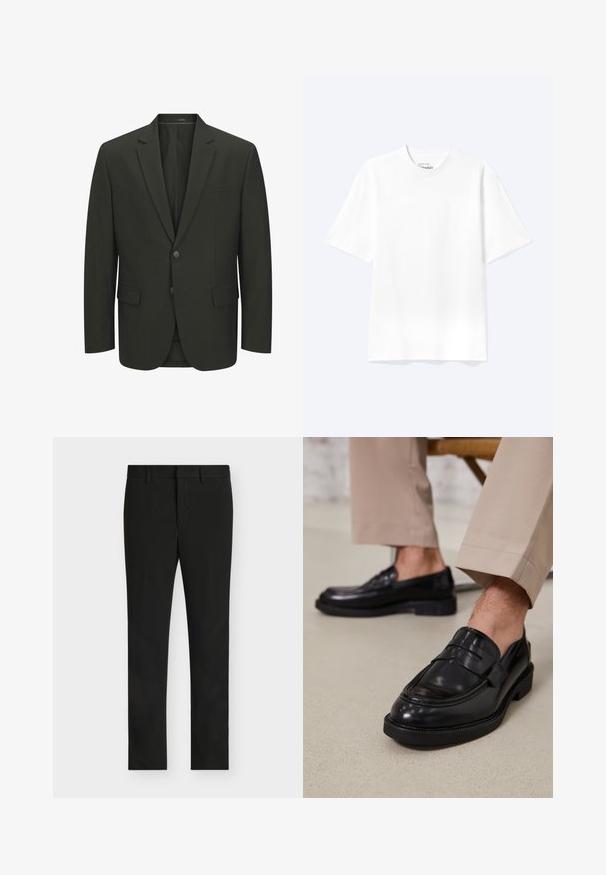 Chaqueta de traje para hombre de dos botones en verde oliva oscuro, con solapas de muesca, bolsillos con solapa y un bolsillo de ojal en el pecho, vista frontal.; Camiseta lisa blanca de manga corta y cuello redondo con un corte relajado, mostrada sobre un fondo claro.; Pantalones de vestir ajustados negros con trabillas para cinturón, cremallera frontal y parte delantera plana, mostrados sobre un fondo gris claro.; Mocasines de cuero negro con un acabado suave, que cuentan con una correa decorativa y costuras en contraste, combinados con pantalones beiges.