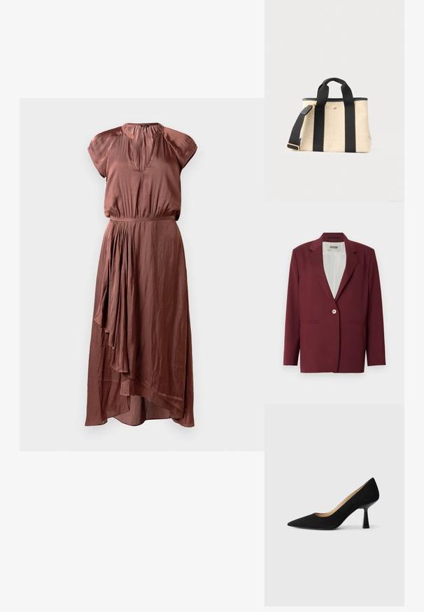Bordeauxrød blazer med notch-lapel, enkeltknappslukning og to forlommer. Glat tekstur, skræddersyet pasform, minimalistisk design.; Brun midi kjole i glat stof med korte ærmer, en plisseret talje og en asymmetrisk kant med et flydende design.; Sorte ruskinds højhælede pumps med spids tå, der har en blank sort blokhæl og en glat indvendig foring.; Beige lærredstote-taske med sorte håndtag, sort justerbar skulderrem, en toplynlås og en lille guldknap foran.
