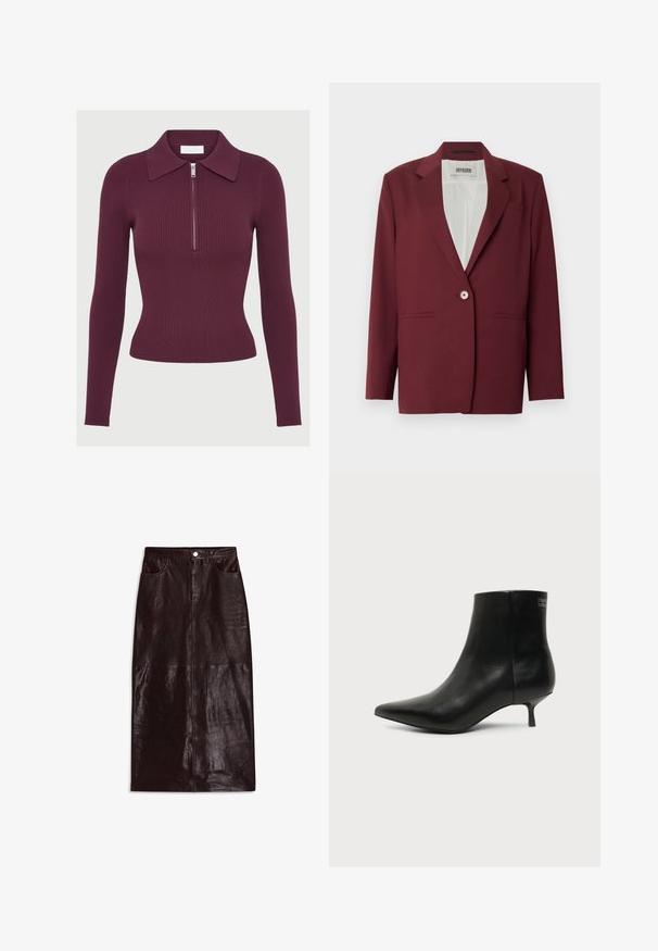 Blazer bordeaux avec un col cranté, une fermeture à bouton unique et deux poches avant. Texture lisse, coupe ajustée, design minimaliste.; T-shirt en maille côtelée à manches longues de couleur violet foncé, avec un col et une fermeture éclair argentée à l'avant, silhouette ajustée.; Jupon en cuir marron, longueur genou, avec une texture lisse, poches avant et une fermeture à bouton unique à la taille.; Bottine en cuir noir avec bout pointu et petit talon kitten sur fond clair, vue côté extérieur.
