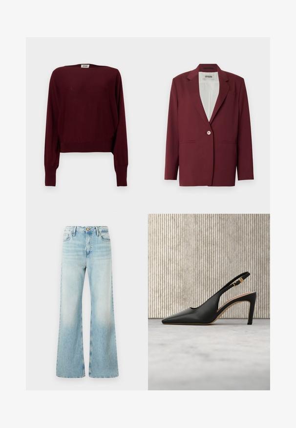 Bordeauxrød blazer med notch-lapel, enkeltknappslukning og to forlommer. Glat tekstur, skræddersyet pasform, minimalistisk design.; Bourgognefarvet langærmet sweater lavet af blødt materiale, med bred hals, ribstrikkede manchetter og en kortet kant. Sømløs design, ensfarvet tekstur.; Lys blå denim flared jeans med høj talje, forlommer og lynlås. Tøjet har en falmet finish og er let struktureret.; Sort læder slingback højhælede sko med spids tå, justerbar guldbuckle-rem og beige indersål.