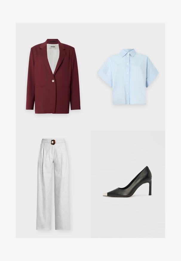 Blazer bordeaux avec un col cranté, une fermeture à bouton unique et deux poches avant. Texture lisse, coupe ajustée, design minimaliste.; Chemise bleu clair à manches courtes avec boutons, manches retroussées et col pointu, présentée sur un fond blanc uni.; Pantalon blanc à jambes larges avec un motif discret en quadrillage et des plis, doté d'une ceinture à boucle en écaille de tortue à la taille.; Chaussure à talon haut en cuir noir avec bout pointu et capuchon argenté métallique. Présente une finition lisse et un talon fin de 10 cm.