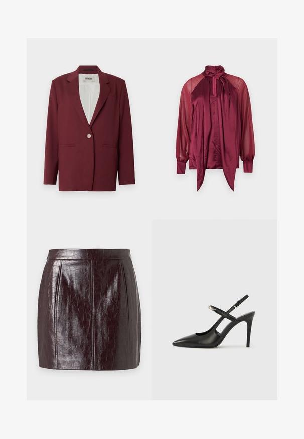 Bordeauxroter Blazer mit Reverskragen, Ein-Knopf-Verschluss und zwei Fronttaschen. Glatte Textur, maßgeschneiderte Passform, minimalistisches Design.; Langärmlige bordeauxrote Bluse mit transparenten Ärmeln, satinartiger Vorderseite, hohem Halsausschnitt und einer gebundenen Schleife am Kragen.; Burgunderrote Kunstlederrock mit strukturiertem Krokodilmuster, mit hoher Taille und zwei vertikalen Nähten für zusätzliche Formgebung.; Schwarze Slingback-Pumps aus Leder mit spitz zulaufender Spitze, Cut-Out-Design und verstellbarem Riemen mit metallischem Beschlag.