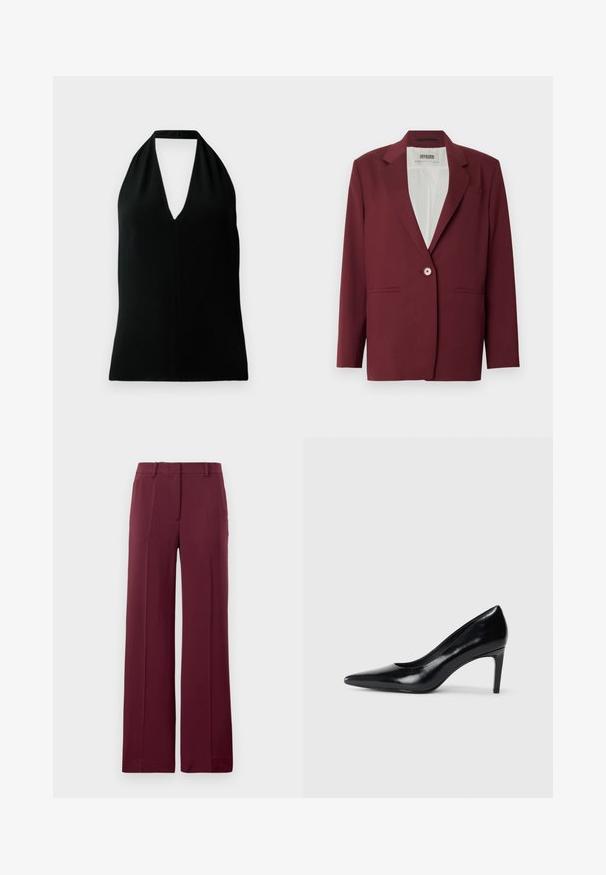 Blazer burdeos con solapa de muesca, cierre de un solo botón y dos bolsillos delanteros. Textura suave, corte ajustado, diseño minimalista.; Top sin mangas negro tipo halter con un escote en V profundo y tirante trasero, exhibido sobre un fondo blanco.; Pantalones de pierna ancha burdeos, confeccionados en tejido suave, que presentan un frente plano, trabillas para cinturón y un diseño entallado con detalles de pliegue.; Zapato de tacón alto de cuero negro con punta afilada, textura suave y tacón en forma de cono. Diseño minimalista, sin adornos adicionales.