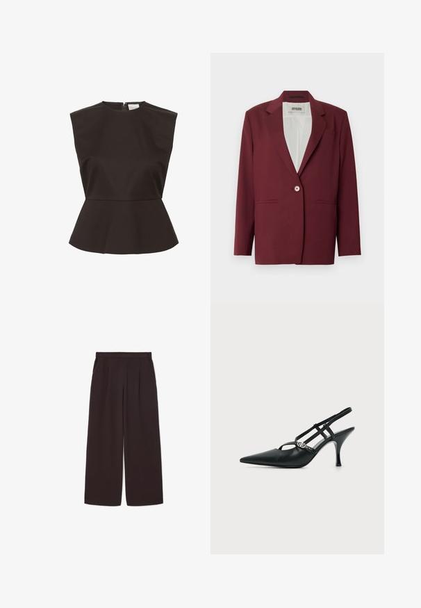 Blazer bordeaux avec un col cranté, une fermeture à bouton unique et deux poches avant. Texture lisse, coupe ajustée, design minimaliste.; Top peplum noir avec un col montant, des épaules structurées et une fermeture éclair dissimulée à l'arrière, fabriqué dans un tissu lisse.; Pantalons larges en brun foncé en tissu léger, avec une taille haute, des plis et deux poches latérales, dotés d'une ceinture élastique.; Escarpin slingback en cuir noir à bout pointu avec fines brides et une petite boucle décorative argentée sur le côté.