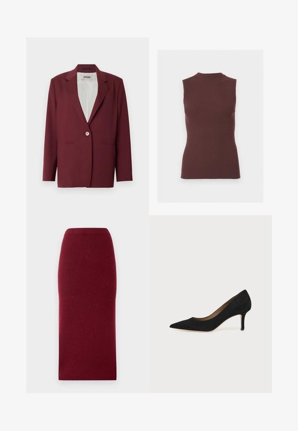 Bordeauxrød blazer med notch-lapel, enkeltknappslukning og to forlommer. Glat tekstur, skræddersyet pasform, minimalistisk design.; Ærmeløs ribstrikket top i mørkebrun med en falsk høj hals og tætsiddende silhuet.; Bordeaux strik midi-nederdel med en tætsiddende silhuet, glat tekstur og en talje. Ingen synlige sømme eller mønstre. Ensfarvet hele vejen igennem.; Sort ruskind spids tå højhælet pumpe med en slank mellemhøj stilethæl og et lavt snit på en ensfarvet baggrund.