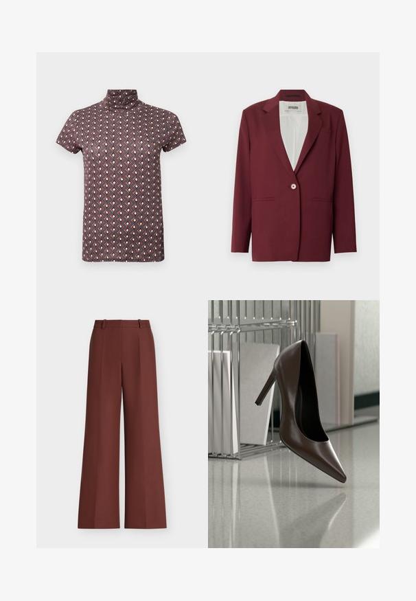Blazer bordeaux avec un col cranté, une fermeture à bouton unique et deux poches avant. Texture lisse, coupe ajustée, design minimaliste.; Haut à manches courtes et col montant, de couleur violet foncé avec un motif géométrique rouge et crème. Tissu léger avec une texture lisse.; Pantalon taille haute à jambes larges en marron foncé avec passants de ceinture et pli devant.; Chaussure en cuir marron foncé à talon haut flottant au-dessus d'un sol réfléchissant près d'une étagère métallique avec des panneaux blancs dans une pièce.